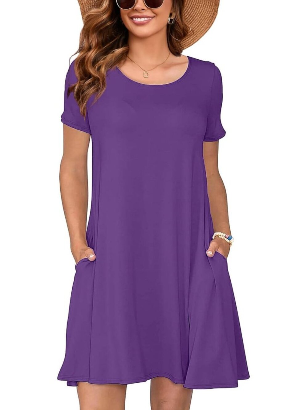Women's Purple Dresses Summer Short Sleeve Crewneck Swing Dress Casual T-Shirt